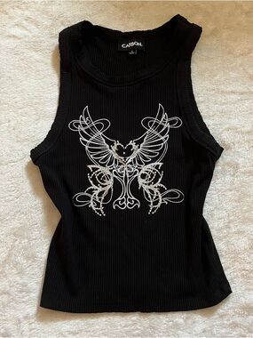 Carbon Black Ribbed Tank with White Wing Graphic